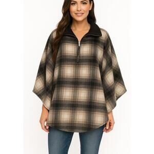 BLANKNYC Plaid Poncho Pullover One Size Zip Front Collar Neutral Cozy Fall